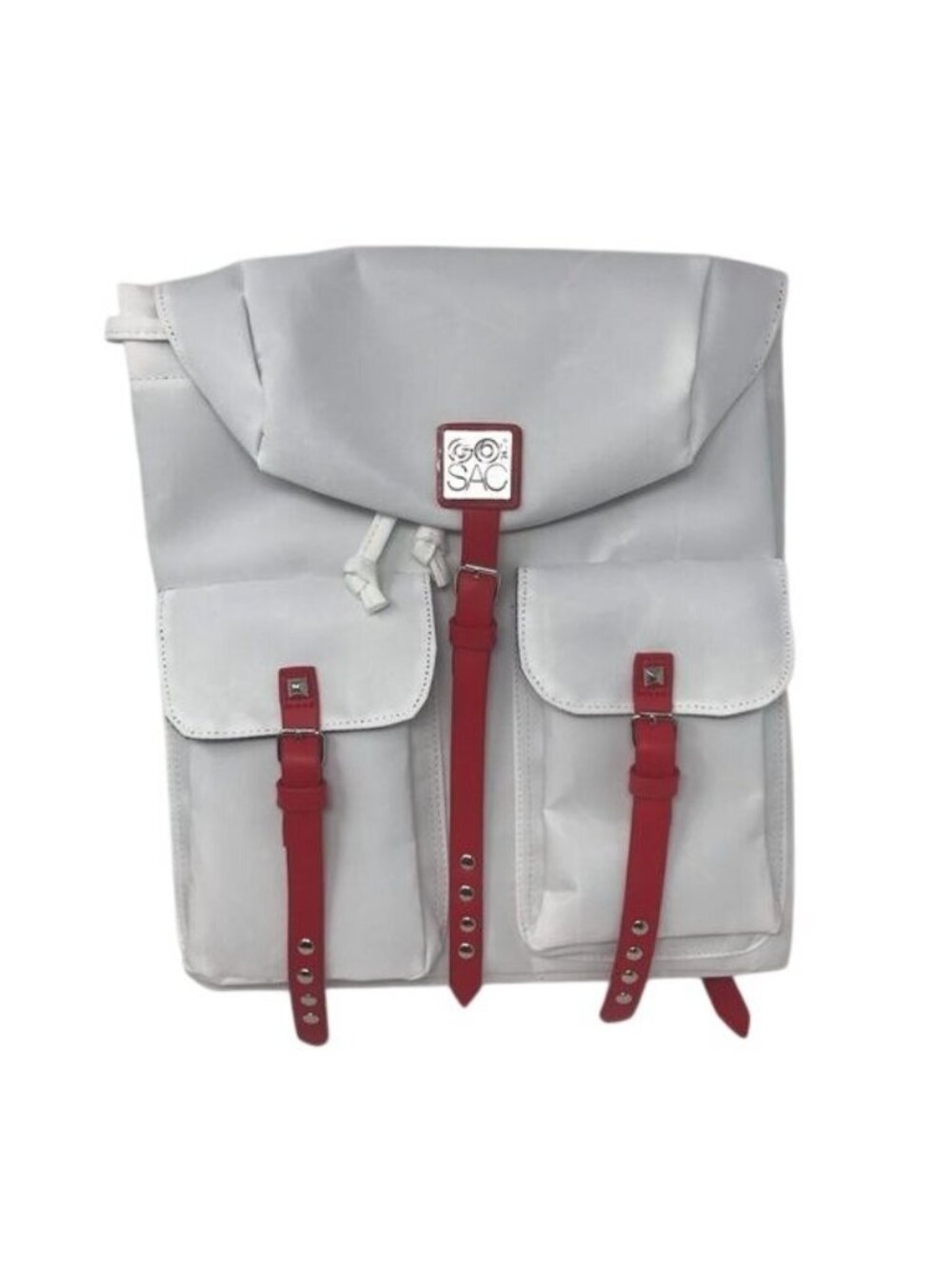 Go Sac White Red Nylon Drawstring Small Backpack Two Front Pockets